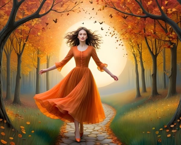 Young Woman in Orange Dress Twirling in Autumn Forest