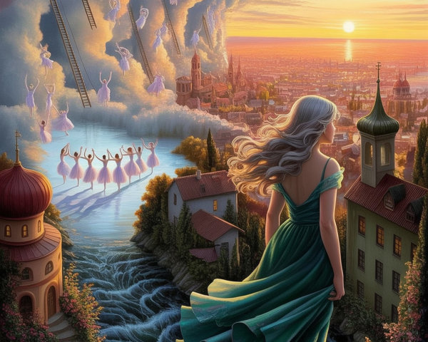 Digital Painting of Woman Overlooking City at Sunset