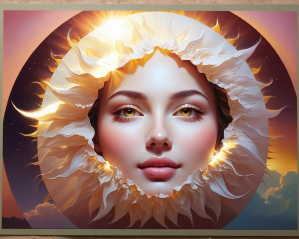 Radiant Face Surrounded by Stylized Sun Rays