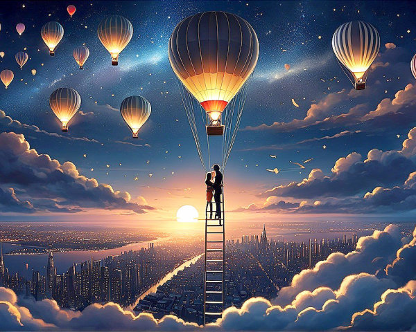 Couple Embracing on Ladder Amidst Hot Air Balloons