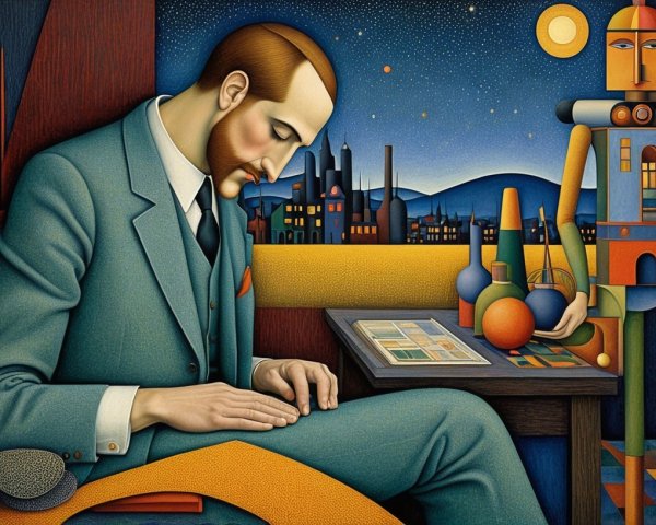 Stylized oil painting of a man in teal suit and beard