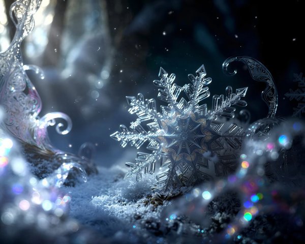 Luminous crystal snowflake macro shot on snow