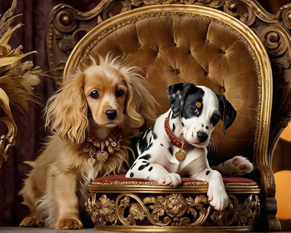 Dogs on a Lavish Golden Chair in Elegant Setting