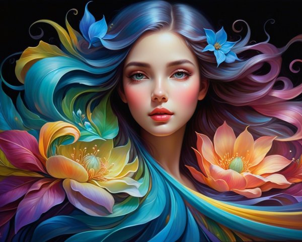 Portrait of a Young Woman with Colorful Hair and Flowers