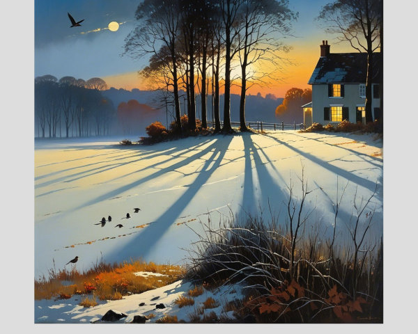 Serene Winter Landscape with Quaint House and Trees