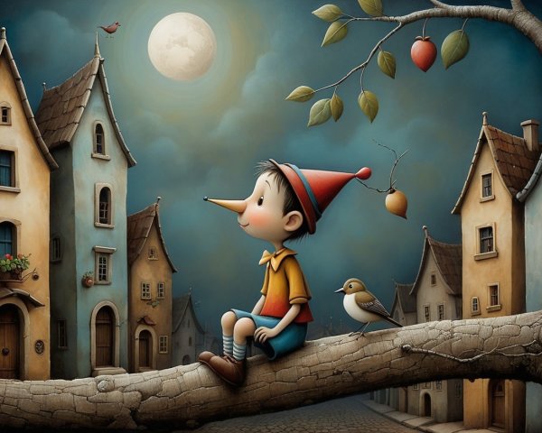 Whimsical Scene of a Boy, Moon, and Colorful Houses