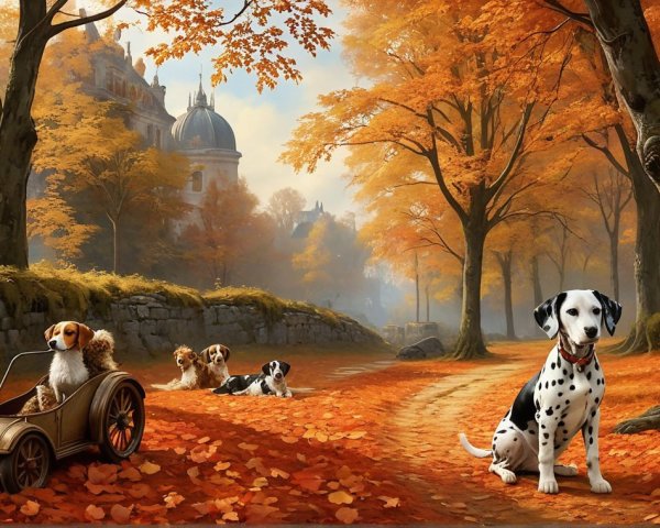 Autumn Scene with Dogs and Vintage Mansion Background