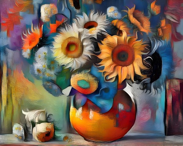 Abstract Floral Arrangement in Orange Vase