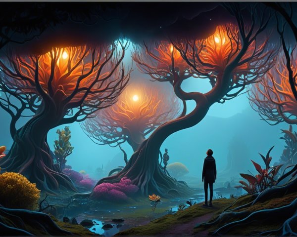 Mystical Landscape with Luminescent Trees and Water