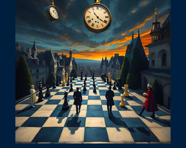 Surreal Chess Scene with Floating Clocks at Sunset