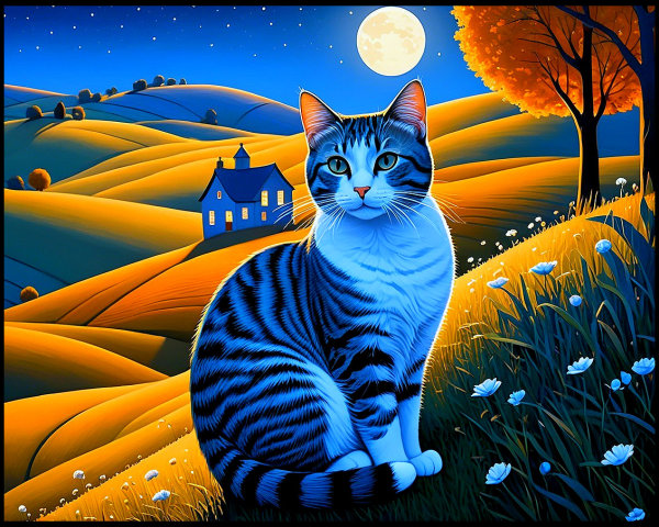 Nighttime Landscape with Tabby Cat and Moonlight