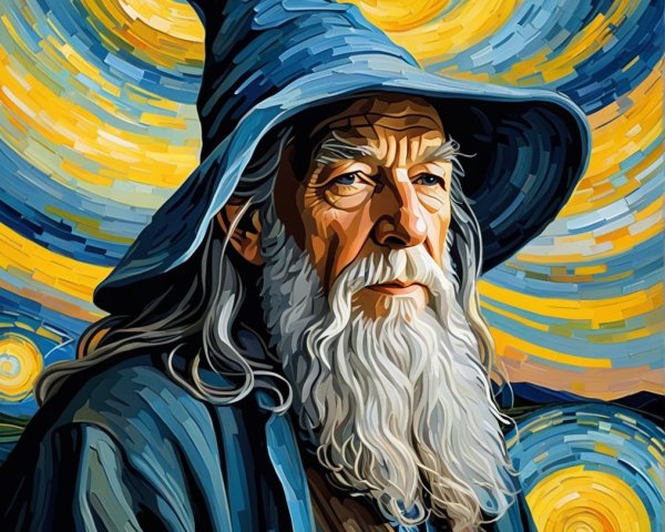 Elderly wizard in blue hat with vibrant starry background