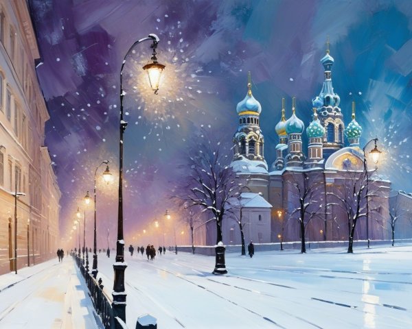 Winter Cityscape Oil Painting with Snow and Night Sky