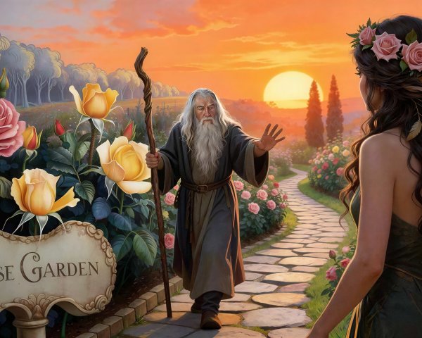 Digital Painting of Rose Garden at Sunset Scene