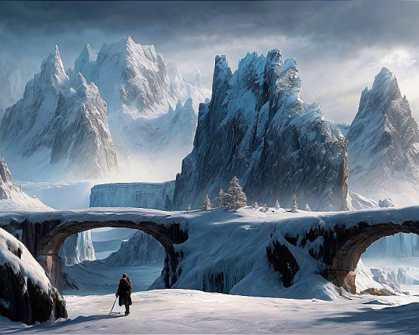 Solitary Figure in Snowy Landscape with Mountains and Bridges
