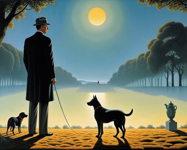 Man in Suit by Tranquil Lake with Two Dogs and Urn