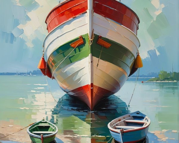 Vibrant Painting of Colorful Boats in Calm Waters