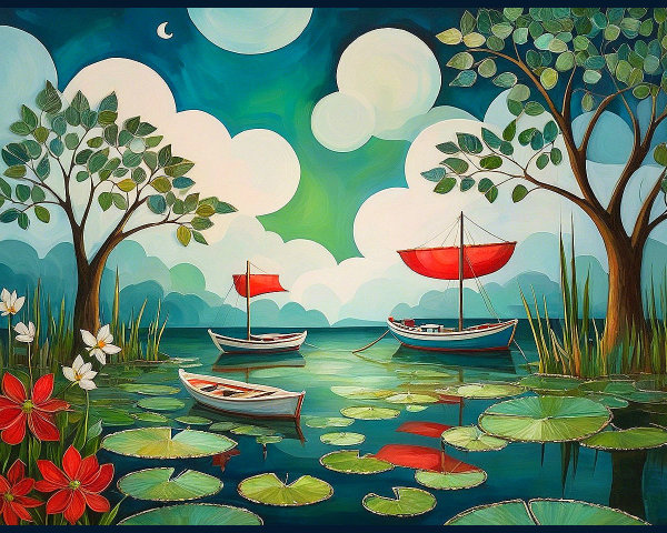 Serene Landscape with Boats and Vibrant Nature Elements