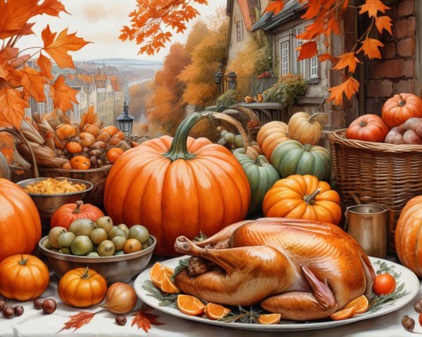 Autumn Table Display with Pumpkins and Roasted Turkey