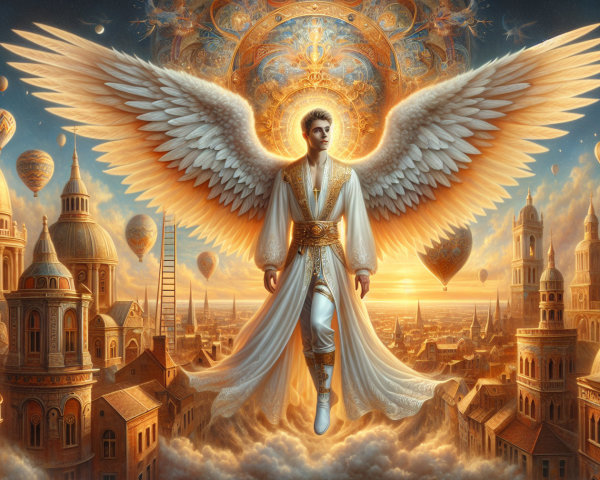 Celestial Figure with Wings in Dreamlike Sunset Scene