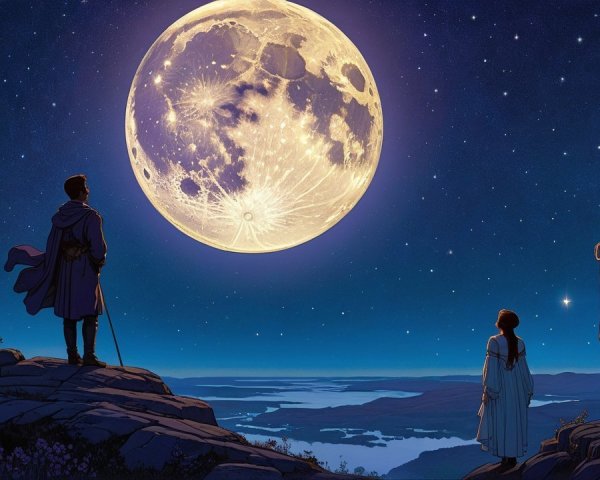 Family on Mountain Top Under Bright Full Moon