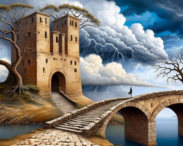 Surreal Landscape with Ancient Towers and Stormy Sky