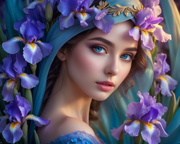 Young woman with blue eyes and purple irises backdrop