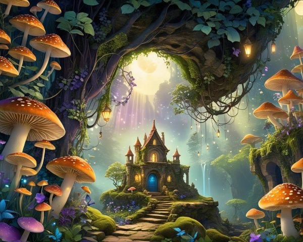 Mushroom Forest with Fairy House and Magical Atmosphere