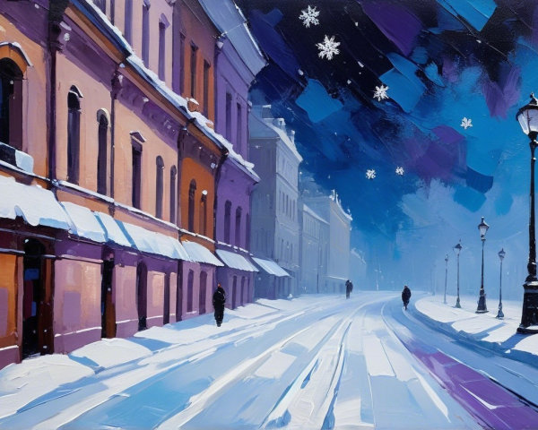 Impressionistic Winter City Street Scene at Night