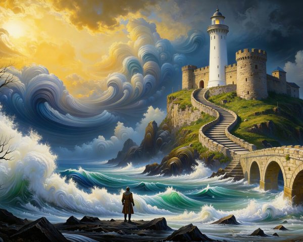 Man in Long Coat on Rocky Shore with Dramatic Seascape