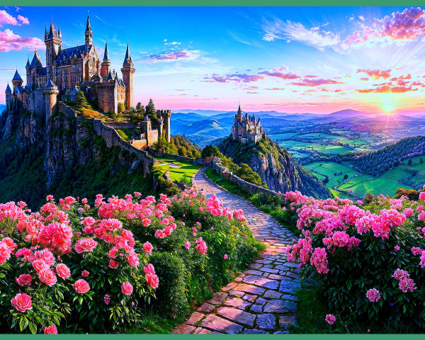 Castle on Rocky Hill with Sunset and Blooming Roses