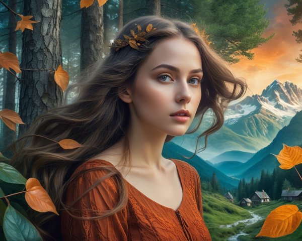 Young Woman with Autumn Leaves in Forest Setting