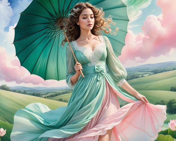 Young woman in pastel dress twirling with umbrella