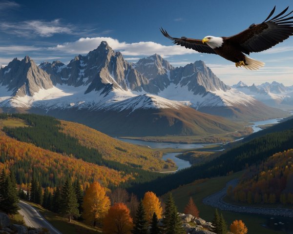 Bald Eagle Over Scenic Autumn Landscape with Mountains