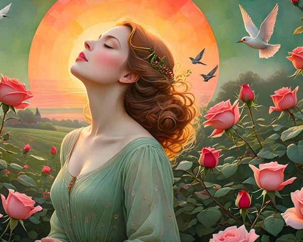 Serene Woman Surrounded by Pink Roses at Sunset