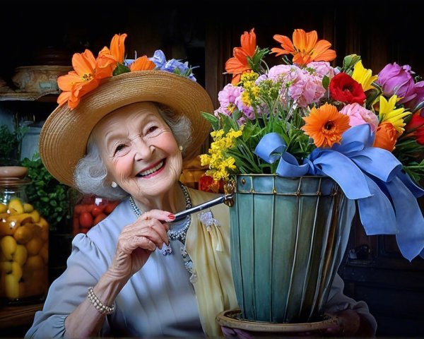 Elderly Woman with Bouquet in Rustic Kitchen Setting