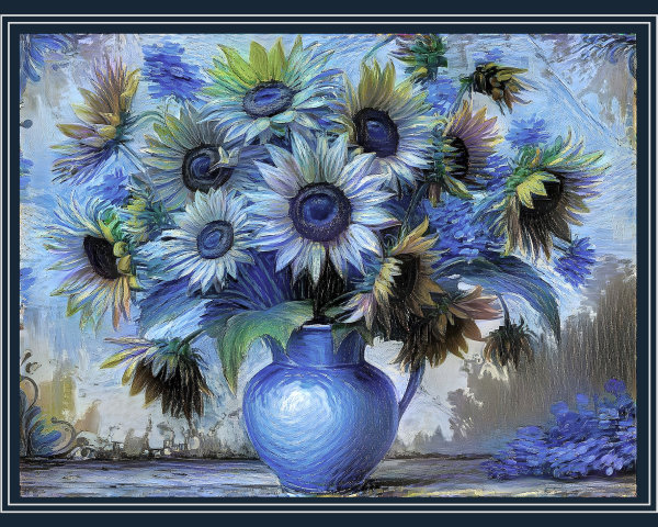 Vibrant Still Life with Blue Vase and Sunflowers