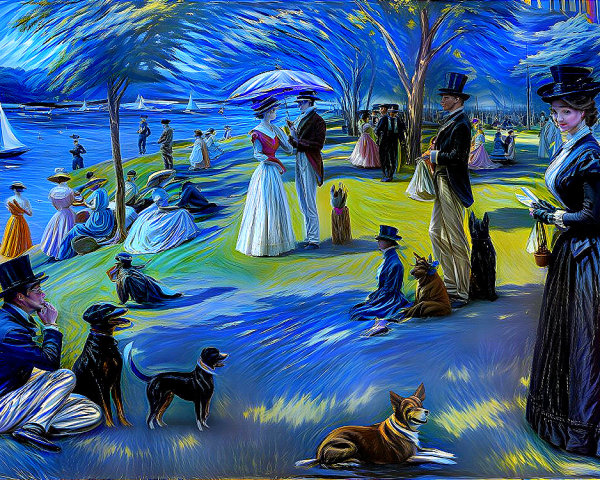 Riverside Gathering in Impressionistic Style