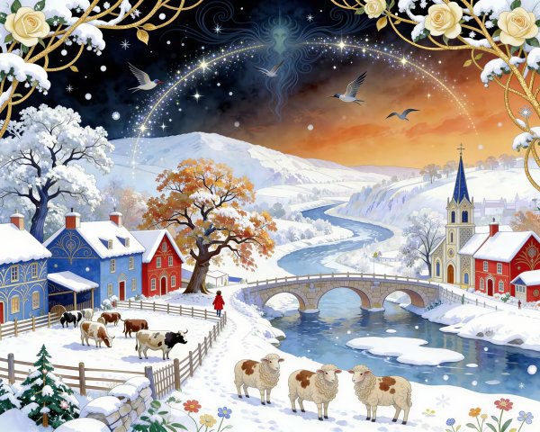 Winter Wonderland Village in Folk Art Style Illustration