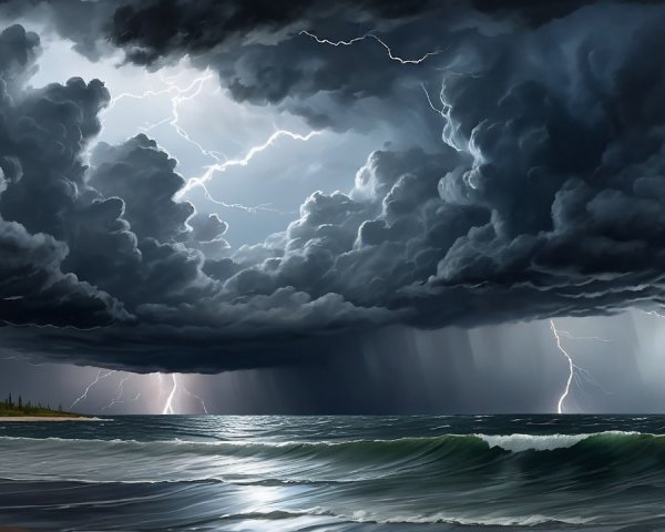 Stormy Sea with Dark Clouds and Lightning Strikes