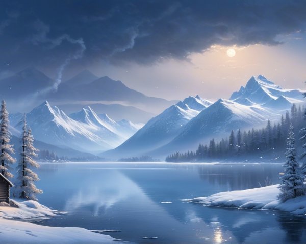 Winter Landscape with Cabin and Snow-Capped Mountains