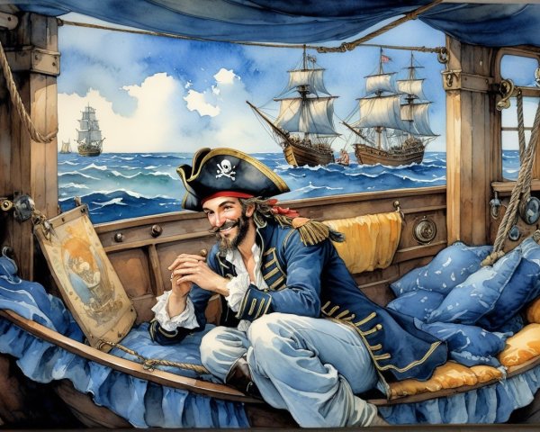 Jovial Pirate on Boat with Treasure Map and Waves