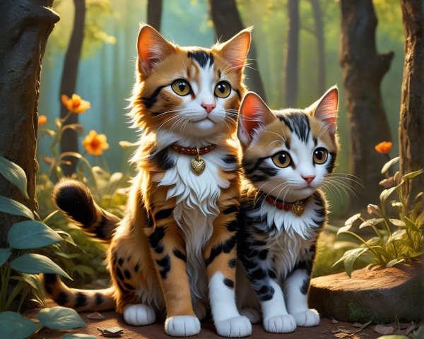 Cats in a Sunlit Forest Glade with Colorful Fur