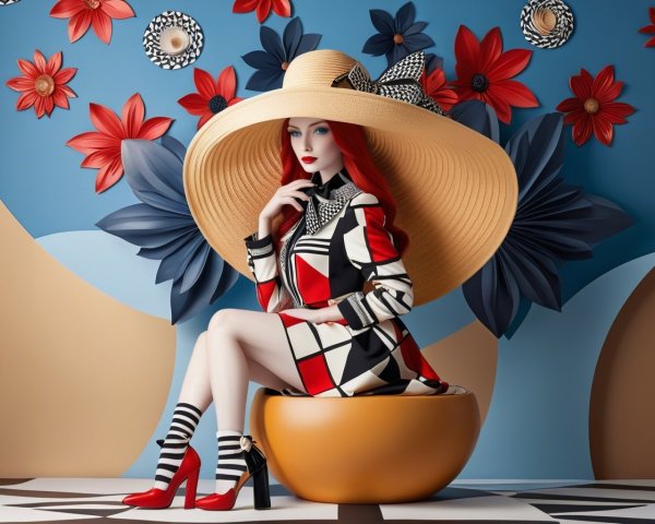 Fashion Scene with Model in Geometric Dress and Hat
