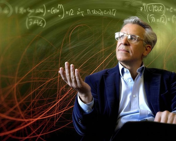 Middle-aged man in contemplative pose with equations