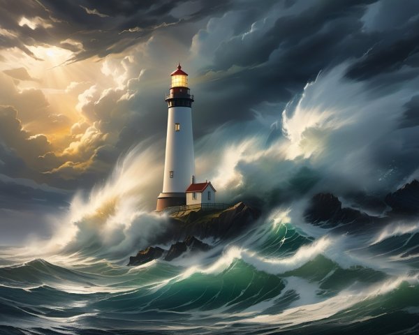 Lighthouse on Rocky Cliffs Amidst Stormy Seas
