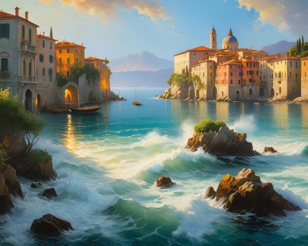 Coastal Scene with Colorful Villas and Tranquil Bay
