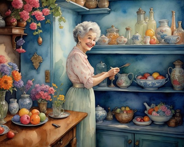Cheerful Elderly Woman Arranging Fruits and Flowers