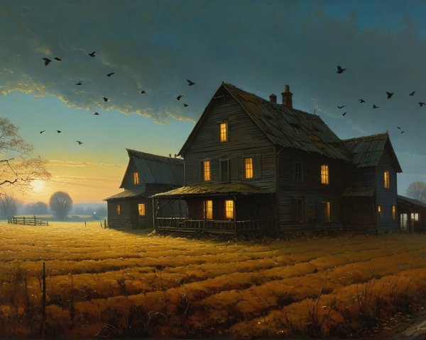 Rustic farmhouse in golden field at dusk with birds