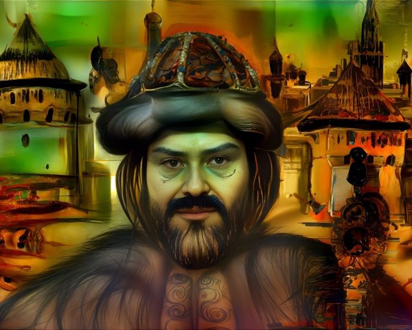 Regal Figure with Ornate Headwear and Abstract Architecture